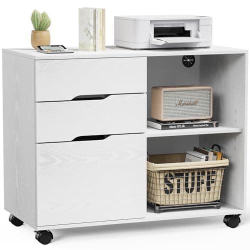 Sweetcrispy 3-Drawer File Cabinet, Lateral Mobile Filing Under Desk Storage Organizer with Wheels, Wood Printer Stand & Open Shelves for Home Office Organization - Natural White