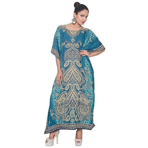 Goood Tiimes Long Caftan Dress Maxi Paisley Patteren Golden Print,Turquoise Blue,One Plus