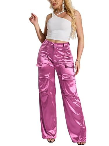 XNMHL Women's Satin Cargo Pants Baggy Straight Wide Leg Stylish Lightweight Sexy Silky Outfits for Concert (Pink, M)