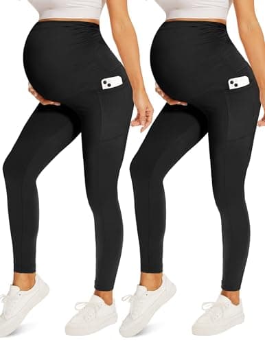 Fotociti 2 Pack Maternity Leggings With Pockets Over The Belly,Womens Pregnancy Workout Yoga Active Soft Tights Pants