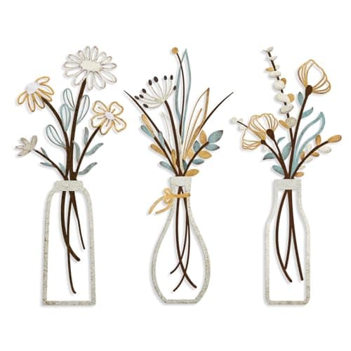 Pigort 3 Pieces Metal Flowers Wall Art- Rustic Farmhouse Decor Minimalist Decor for Living Room Bathroom Bedroom Dining Room, Housewarming Gifts Christmas Decoration(Beige, Vase-C)