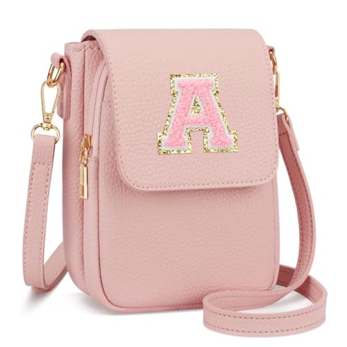 CLOUDWINGS Gift for Girls Small Initial Crossbody Bag for Teens Vegan Leather Cell Phone Kids Purse (Pink-A)