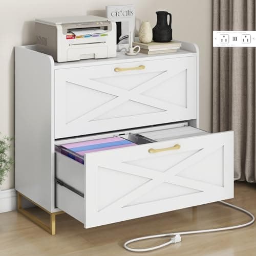 File Cabinet 2 Drawers Lateral File Cabinet with Charging Station for Letter/Legal/A4 Size Hanging Files, Large Wood File Storage Cabinets Printer Stand for Home Office, White and Gold