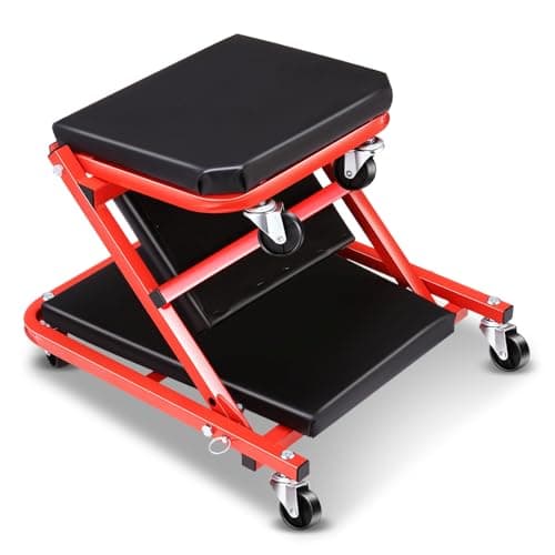 Auto Dynasty 36" Z-Creeper Seat, 2-in-1 Foldable Garage Creeper Shop Seat, 330 LBS Capacity Automotive Mechanic Repair Under Car Rolling Creeper Seat, Red