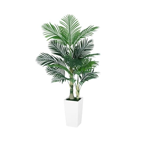 VIVATREES Golden Cane Palm Trees Artificial Indoor, 5FT Tall Faux Palm Tree with White Tall Planter, Artificial Plants with Natural Wood Trunk and Lifelike Leaves for Home Office Decor