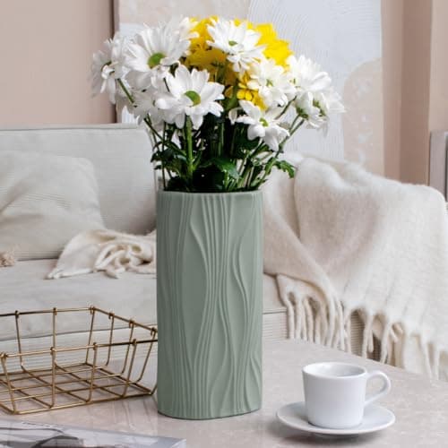 Sage Green Vase - Light Emerald Green Décor - Large Ceramic Spring Vase for Boho Living Room Décor - Big Modern Vase for Flowers or Pampas Grass - Jarrones Decorativos para Sala (Green)