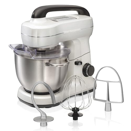 Hamilton Beach Electric Stand Mixer, 4 Quarts, Dough Hook, Flat Beater Attachments, Splash Guard, 7 Speeds with Whisk, Easy-Carry Top Handle, White