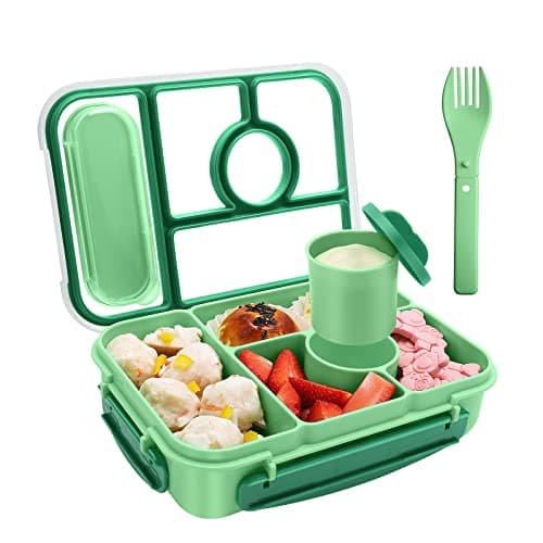 Amathley Bento box adult lunch box,lunch box kids,lunch containers for Adults/Kids/Toddler,5 Compartments bento Lunch box for kids with Sauce Vontainers,Microwave & Dishwasher & Freezer Safe(Green)