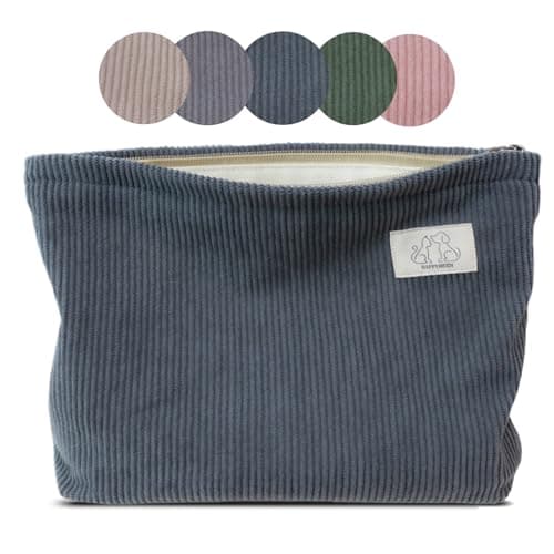 HAPPYHEIDI Dark Gray Corduroy Makeup Bag Cosmetic Toiletry Travel Pouch, Make Up Accessory Purse Organizer, Canvas Lined