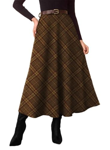 Pink Queen Maxi Tartan Skirts for Women 2026 with Pockets Fall Winter Midi Length Work Office Going Out A Line Flared Plaid Skirts for Womens High Waist Pleated Belt Loop Long Dress Brown XL