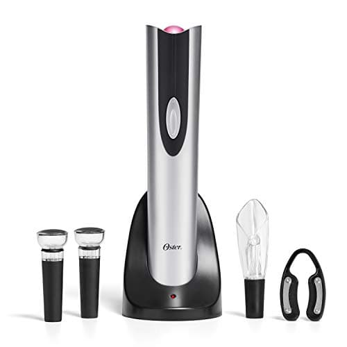 Oster Electric Wine Opener, Foil Cutter, Wine Pourer and Vacuum Wine Stoppers with CorkScrew and Charging Base, Black