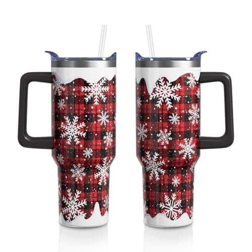 Christmas Red Buffalo Plaid Gifts for Women Men, White Snowflake Stainless Steel Insulated Travel Coffee Cup, 40 Oz Tumbler with Handle and Straw, Winter Holiday Water Bottle