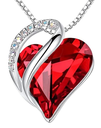 Leafael Holiday Gift Necklaces for Women, Infinity Love Garnet Ruby Red Heart Pendant, January July Birthstone Crystal, Silver Plated 18" + 2" Chain, Christmas Jewelry or Birthday Gifts for Mom & Wife