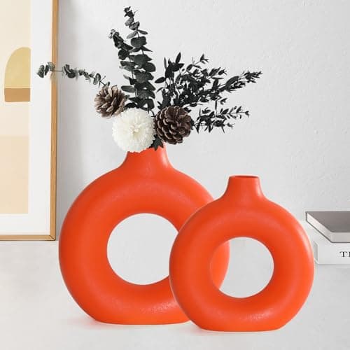 Hanaomaoyi Orange Ceramic Donut Vase Set of 2, Hollow Round Matte Pampas Flower Vases for Boho Home Wedding Party Room Dinner Table Shelf Decor.（Orange）