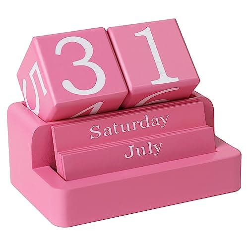 EASEYA Wooden Block Calendar for Desk, Daily Desktop Perpetual Desk Calendar, Modern Farmhouse Aesthetic Desk Accessories for Home Office Decor, Teacher, Classroom, Reusable Yearly, Pink