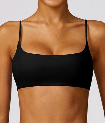 Comper Women's Sports Bra with Thin Straps Stretchy Wirefree Workout Bras Lightweight Workouts Bralette with Removable Pads (Black-M)