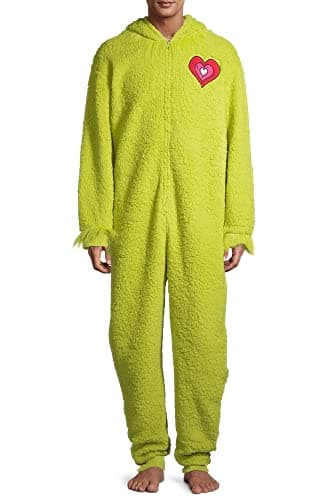The Grinch Men's Fuzzy Plush Warm Holiday Hooded Union Suit Pajamas (Large) Green