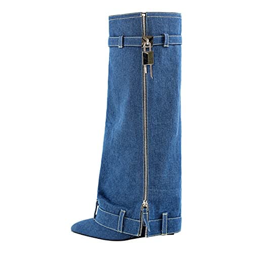 MissHeel Padlock Boots for Women Knee High Shark Boots Fold Over Denim Boots Sharklock Wedge Boots Wide Calf Size 6