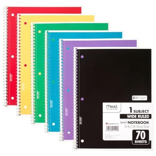 Mead Spiral Notebook, 6 Pack, 1-Subject, Wide Ruled Paper, 7-1/2" x 10-1/2", 70 Sheets per Notebook, Color Will Vary (73063)