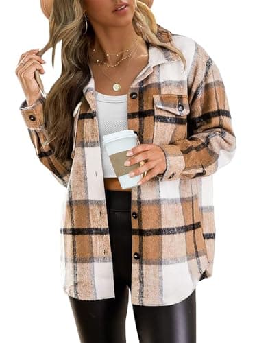 AUTOMET Womens Flannel Shackets Plaid Button Down Shirts Fall Winter Jackets Cute Tops Trendy Cowgirl Outfits Teen Sweaters Apricot S