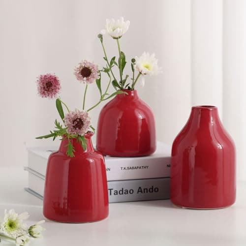 Red Small Vase Set of 3 for Modern Home Decor,Ceramic Vases for Centerpieces Flower Vases for Living Room Wedding/Dinner Table/Party -Red