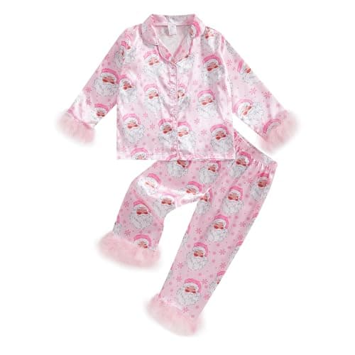 Twopumpkin Toddler Girl Christmas Satin Silk Pajamas Button Down 2 Piece Pajama Set Little Kids Girls Pjs Nightgown Outfit (Christmas Feather Trim Santa Pink, 2-3 Years)