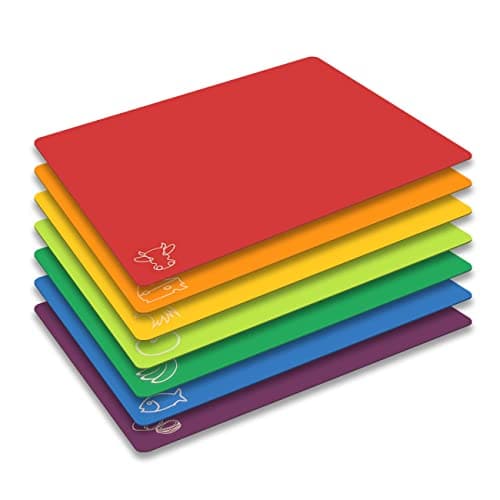 Cutting Board Mats Flexible Plastic Colored Mats with Food Icons, Fotouzy BPA-Free, Non-Porous, Anti-skid back and Dishwasher Safe, Set of 7 Rainbow - 7 Pieces