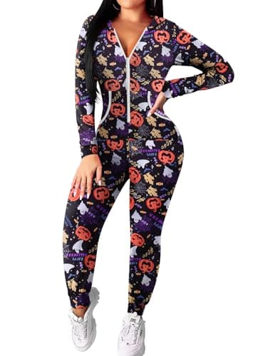 Ekouaer Halloween Onesie for Women Hoodie Jumpsuit Long Sleeve Pajamas Onesie Zipper Romper with Pockets Halloween Pumpkin S