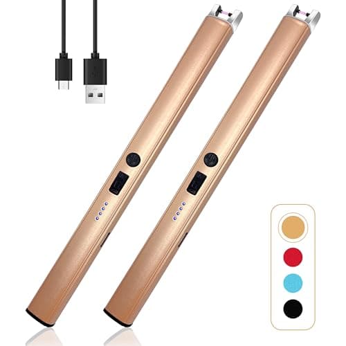2 PCS Candle Lighter,Windproof Flameless Electric Lighter with LED Power Display ＆ Safety Switch, Upgraded Plasma USB Rechargeable Lighters for Birthday Camping BBQ (Champagne Gold)