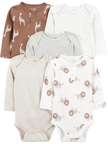 Simple Joys by Carter's Neutral 5-pack Long-sleeve Bodysuit, Brown Safari, 0-3M
