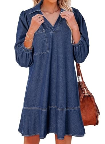 Dokotoo Dresses for Women Casual Spring Summer 3/4 Sleeve Babydoll Denim Dress Womens Ladies Cute Collar Neck Puff Sleeve Fashion Mini Jean Dresses Sail Blue XX-Large