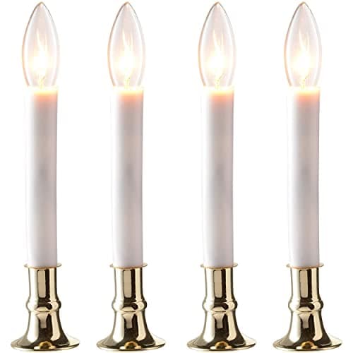 PREXTEX Christmas Candles - Set of 4 Brass Plated Window Candles with Sensor Dusk to Dawn - Candle Set for Home and Kitchen w/Automatic On/Off Sensor, Christmas Lights, Candle Lamp, Party Lights