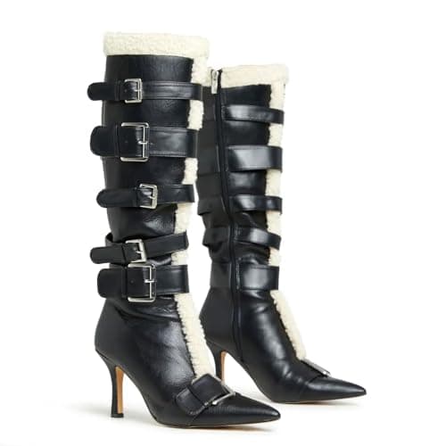 MissHeel Black Knee High Leather Stiletto Boots with Buckles for Women Sexy Fuzzy High Heel Boots with Size 9