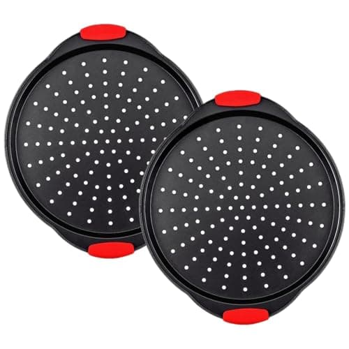 ZOEHROWS 13 Inch Pizza Pan for Oven (2 Pack) Round Pizza Pan with Holes - Non-Stick Carbon Steel Pizza Tray with Silicone Handles - for Cooking, Baking, and Grilling - Dishwasher Safe