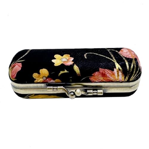 MIAO JIN Lipstick case with mirror Lipstick Holder Storage Bag Kiss lock of iron Mini portable Vintage floral pattern jewelry cosmetic Case (Black)
