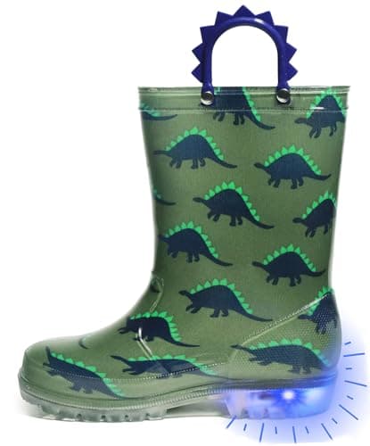 Outee Toddler Boys Rain Boots Little Kids Baby child Light Up Waterproof Rubber Shoes Dinosaur Printed Mud Lightweight Adorable with Easy-On Handles Non Slip Sole Green Blue Size 12
