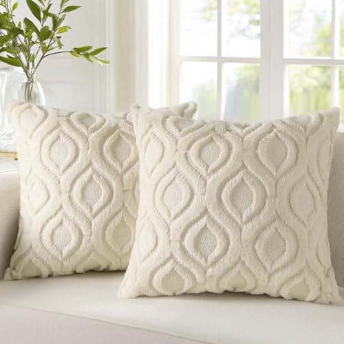 decorUhome Decorative Throw Pillow Covers 18x18, Soft Plush Faux Wool Couch Spring Pillow Covers for Home, Set of 2, Beige