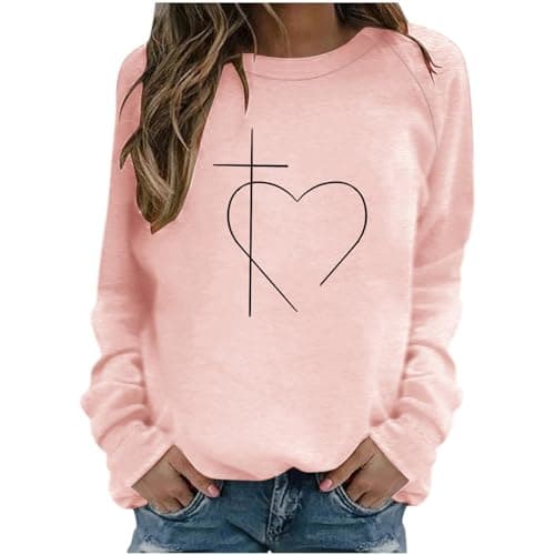 Lastesso Deals Easter Tops for Women Heart Jesus Cross Printed Tee Comfy Outdoor Crew Neck Loose Long Sleeve Easter Graphic Shirts Easter Tshirt Pink M