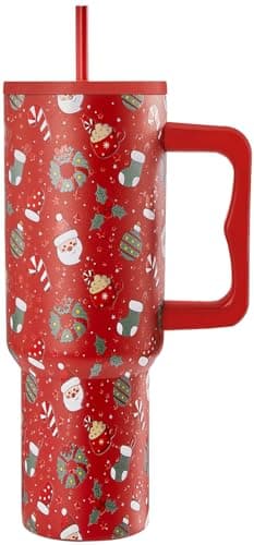 40 oz Christmas Insulated Tumbler with Handle and lid, Vacuum Triple Walled Stainless Steel Travel Mug, Fits for car Cup Holder, Leak Proof, Keep Beverages Cold for 34 Hours (Red Christmas Stars)