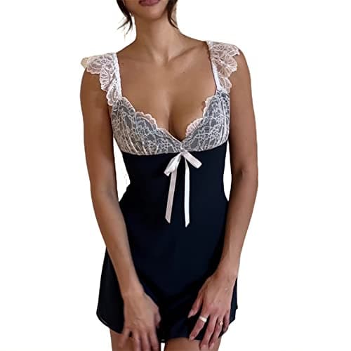 Women Lace Patchwork Mini Dress Sexy Backless Low Cut Ruched Short Dress Y2k Summer Trendy Sweet Cute Fairy Dresses A Black