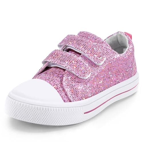 K KomForme Toddler Sneakers for Boys and Girls Dual Hook and Loops Sneakers Baby Canvas Shoes Pink Glitter