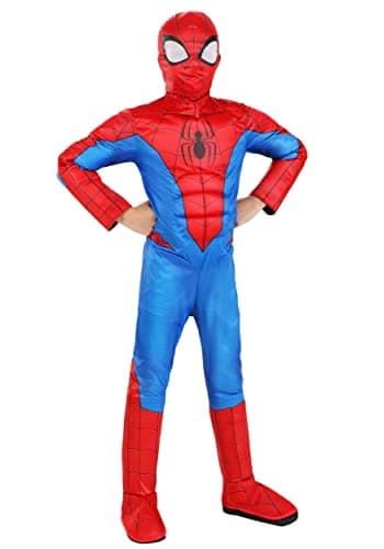 Marvel Spider-Man Official Youth Halloween Costume - Premium Quality Padded Jumpsuit with Pull On Fabric Mask (M) Red