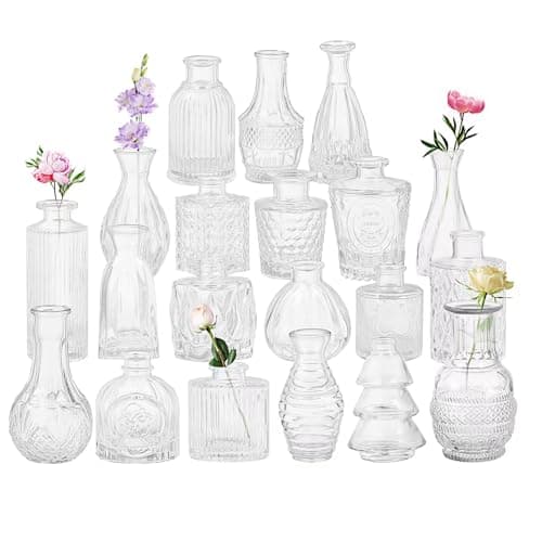 Set of 20 Glass Bud Vases,Small Clear Vases,Wedding Centerpiece Table Decorations,Clear Vintage Embossed Mini Vases,Flower Arrangements in Vases for Party or Home Decor