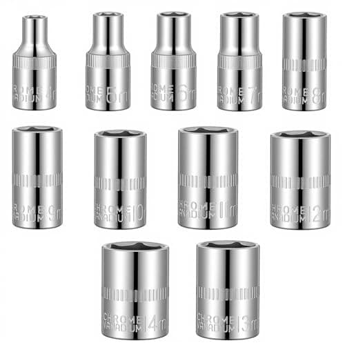 Sorcristy 11 Piece Silver Carbon Steel Socket Set, 1/4" Drive, 6-Point, Metric Sizes 14-4mm, Durable Corrosion-Resistant for Mechanical Repairs