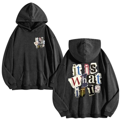 Zoemghc Graphic Hoodies for Men Vintage Hoodie Funny Oversize It Is What It Is Streetwear Hooded Sweatshirt Pullover Tops(Black,L)