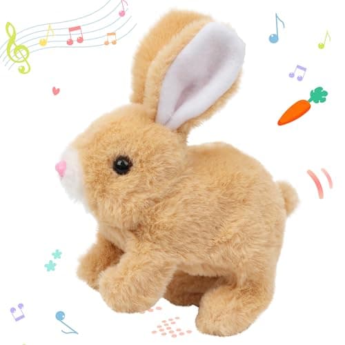 Hopearl Hopping Rabbit Interactive Electronic Pet Plush Bunny Toy with Sounds and Movements Animated Walking Wiggle Ears Twitch Nose Gift for Toddlers Birthday, Brown, 7''