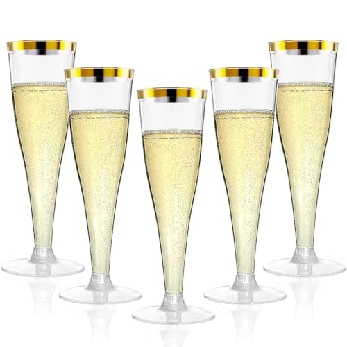 20 Pack Champagne Flutes Plastic Wine Glasses Disposable, 4.5 Oz Gold Rim Mimosa Glasses for 2026 Engagement Wedding Birthday New Years Eve Christmas Party Supplies, Bulk Toasting Cocktail Cups