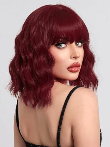 FREEMEIGE Red Short Bob Wavy Wig with Bangs for Women Loose Curly Shoulder Length Synthetic Cosplay Wig Bob for Girl Colorful Costume Wigs