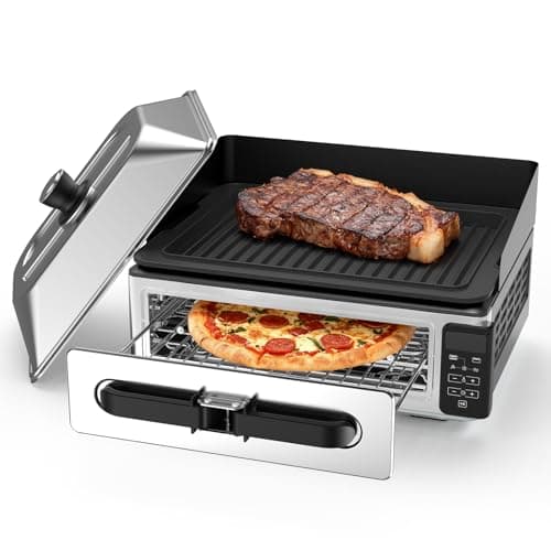 OLIXIS Electric Grill Indoor for Steak and Veggies, Smokeles Griddle with Lid for Kitchen Cooking, Countertop Oven Includes Temp Control/Grill Plate/Splash Guard/Crumb Tray