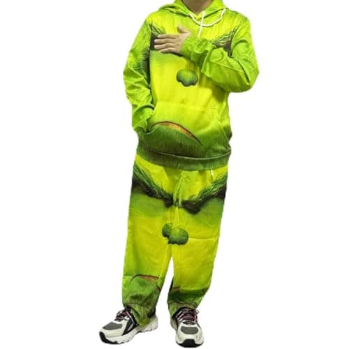 MERVAGIN Men Green Pullover Top Pant Hoodie Halloween Sweatshirt Christmas (Green, L)